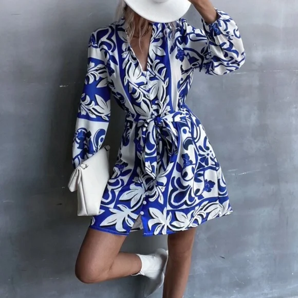 Boho Blue V neck Mini Dress Cottage core Party - Picture 2 of 4